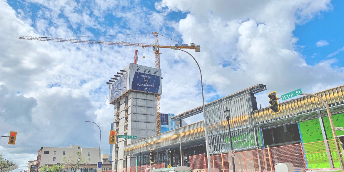 Crane at 300 Main, Construction at 300 Main, Portage and Main Construction, Construction of 300 Main, 300 Main Downtown Winnipeg Apartments